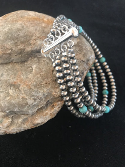 Native American Sterling Silver Beads Blue Turquoise Bracelet 4 Strand