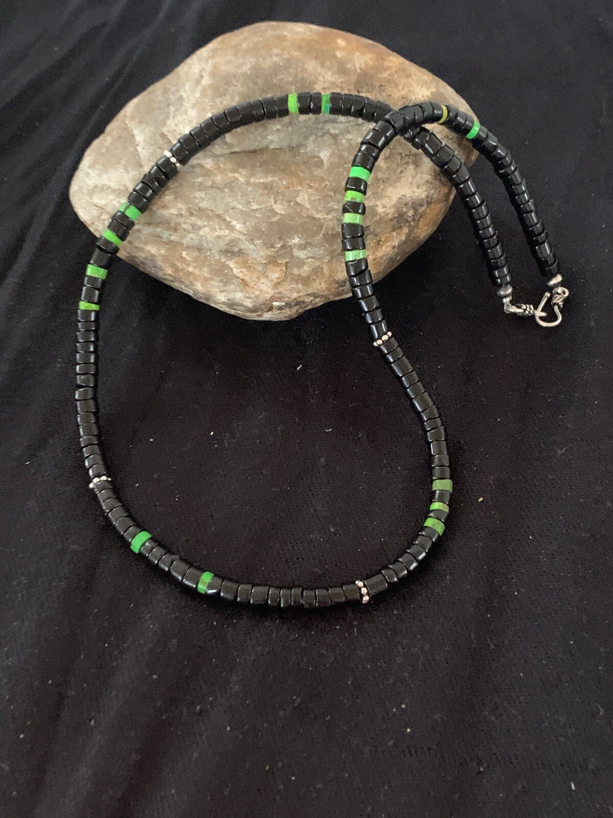 Native Green Turquoise & Onyx Heishi Navajo Sterling Silver Necklace 4687