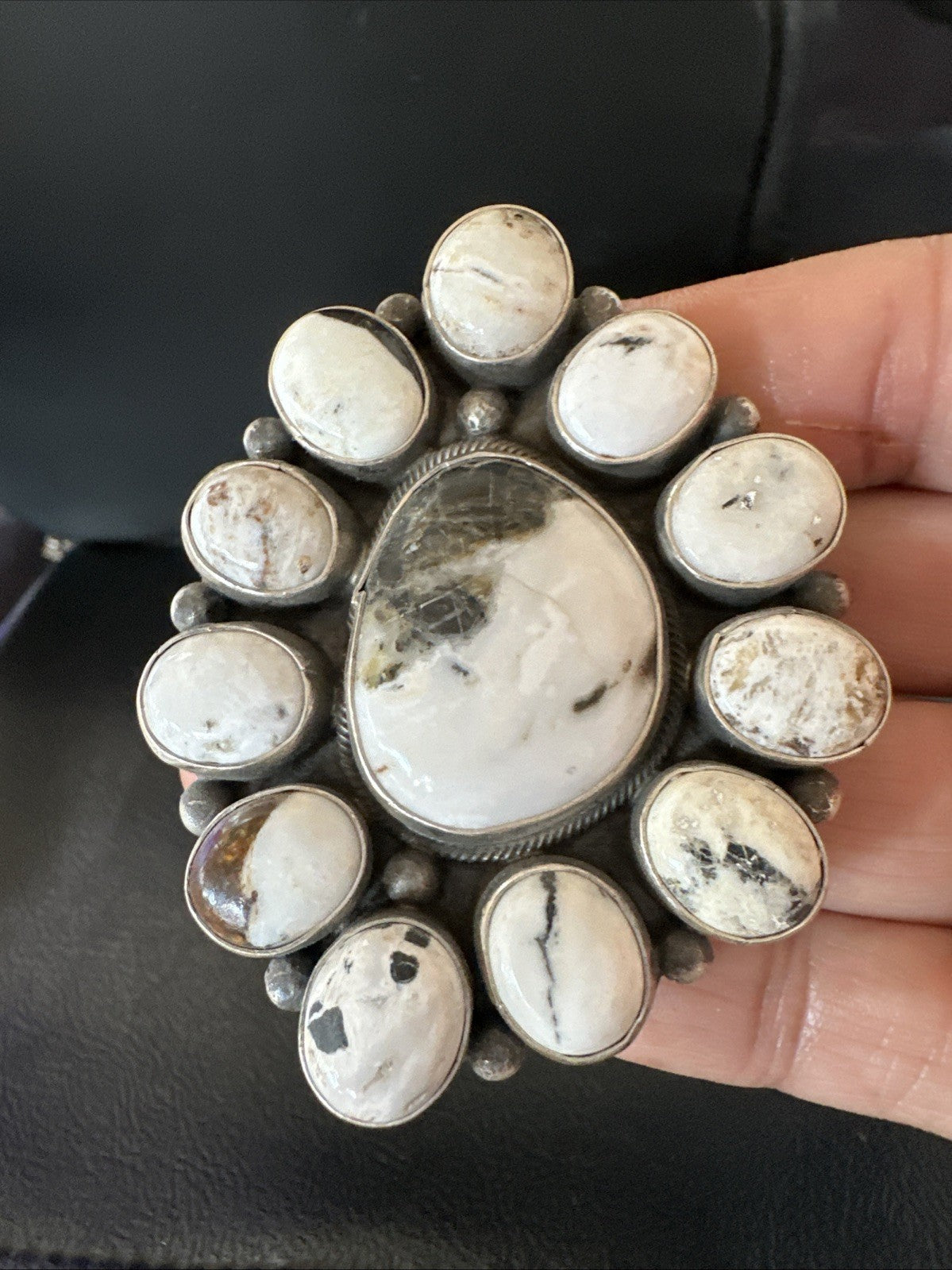 XXL White Buffalo Turquoise Navajo Sterling Silver Cluster Ring Size 8 19275