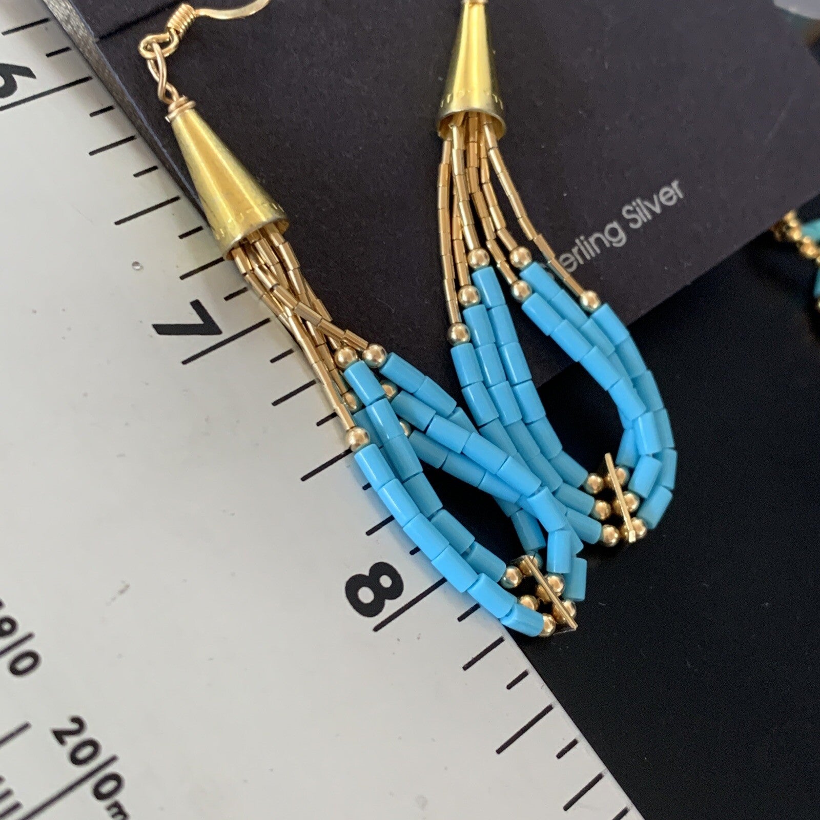 Blue Turquoise Liquid Gold Filled Tubes Dangle Heishi Earrings 2" 13030