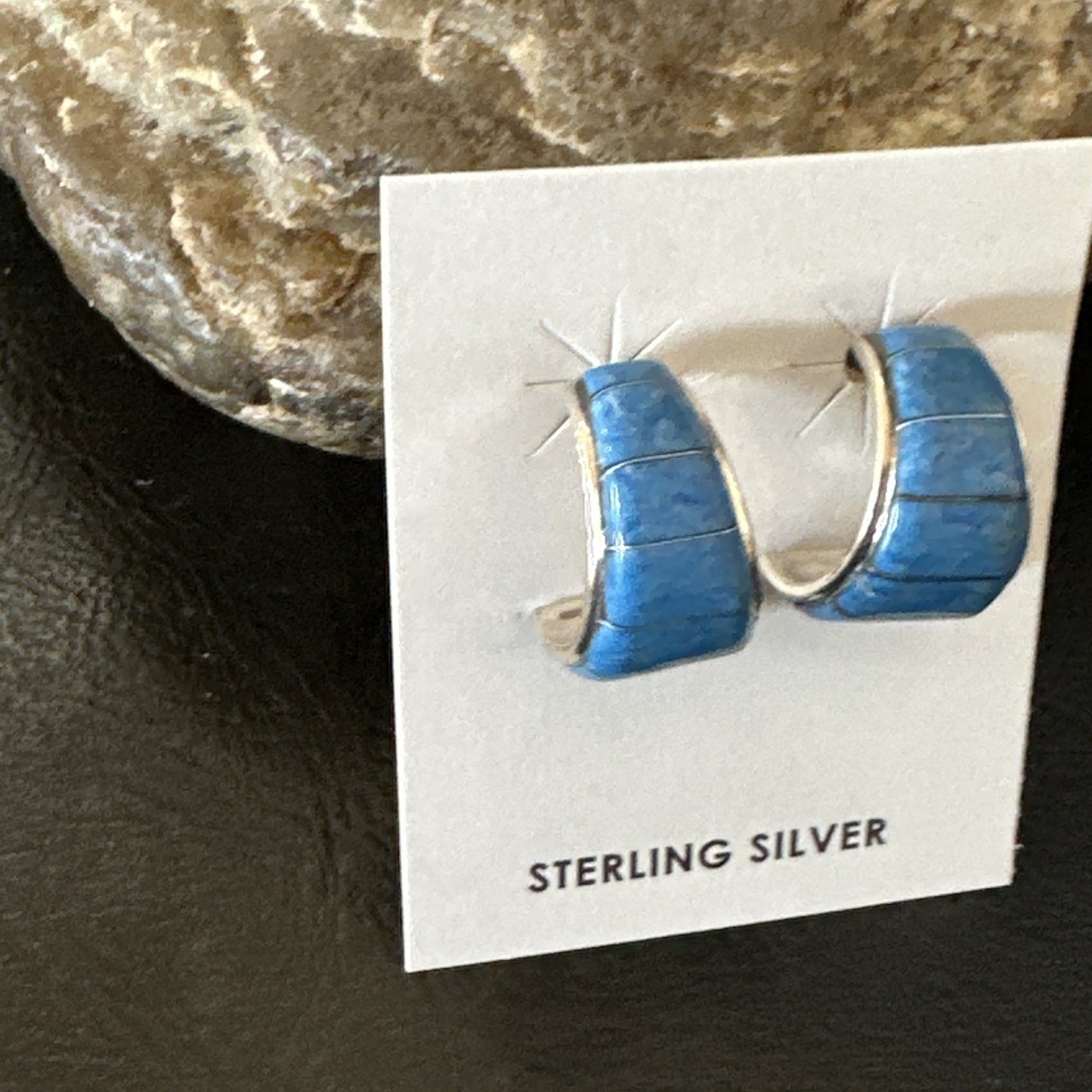 Southwestern Sterling Silver Blue  Denim Lapis Stud Inlay Earrings 1” 19268