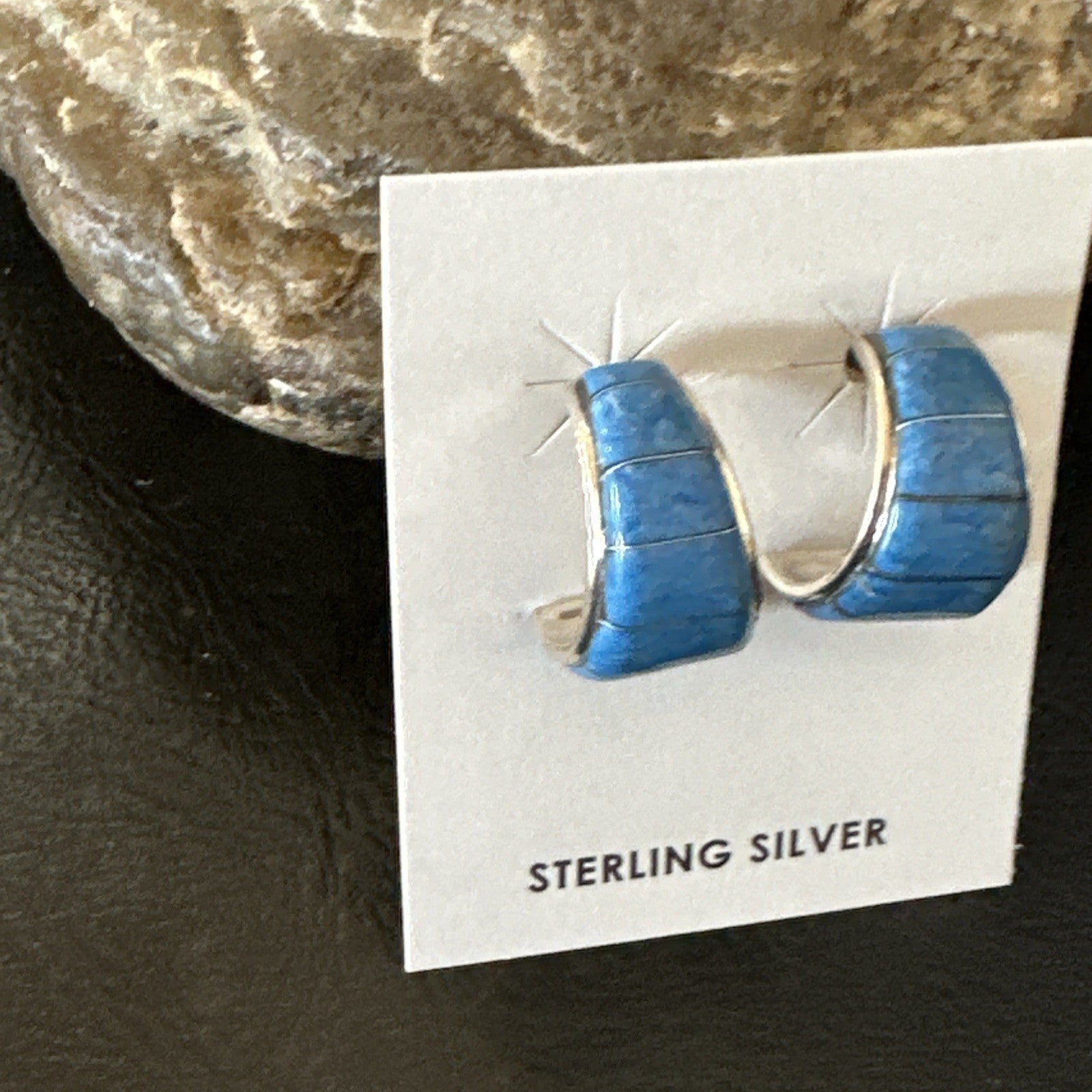 Southwestern Sterling Silver Blue  Denim Lapis Stud Inlay Earrings 1” 19268