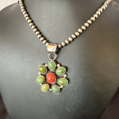 Navajo Sterling Cluster Red Turquoise Pendant Necklace 17711