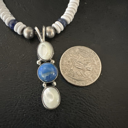 Blue Lapis White MOP Howlite Pendant Navajo Sterling Silver Necklace 19656