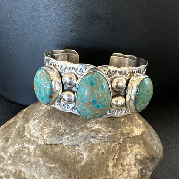 Navajo Green Royston TURQUOISE Stamped Cuff Bracelet | Sterling Silver | Authentic Native American Handmade | 17943