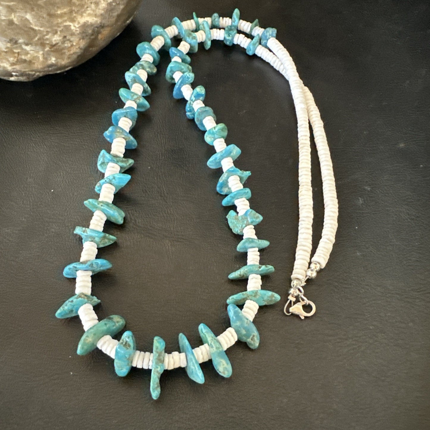 Blue Turquoise White Shell Navajo Sterling Silver Necklace 31" 19719