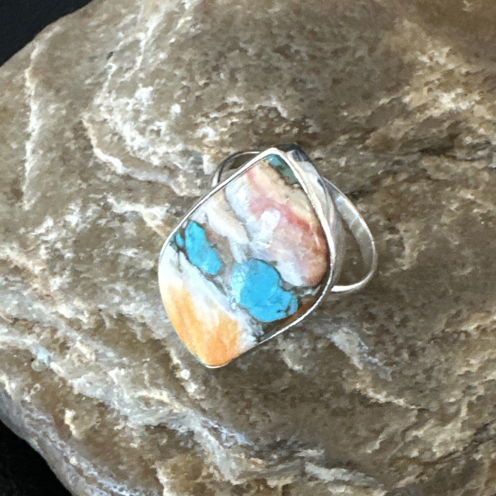 Blue Turquoise Spiny Oyster Navajo Sterling Silver Ring Size 8 18250