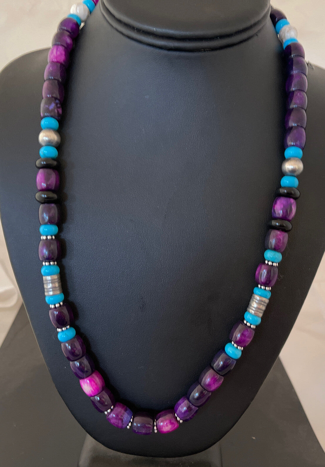 Purple Stone & Turquoise Indian Navajo Pearls Sterling Silver Necklace 01054