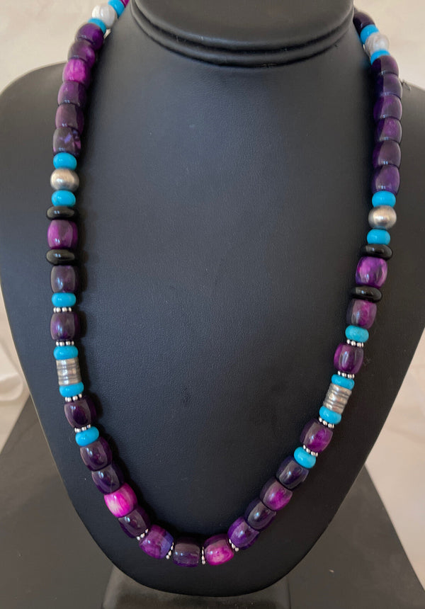 Purple Stone Turquoise Navajo Pearls Necklace | Sterling Silver | Authentic Native American Handmade | 01054