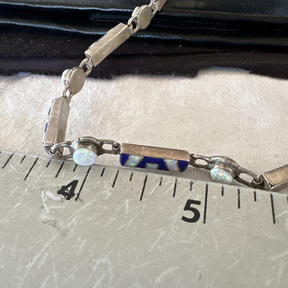 A Womens Blue Lapis Opal Sterling Silver Link Bracelet 7" 19794