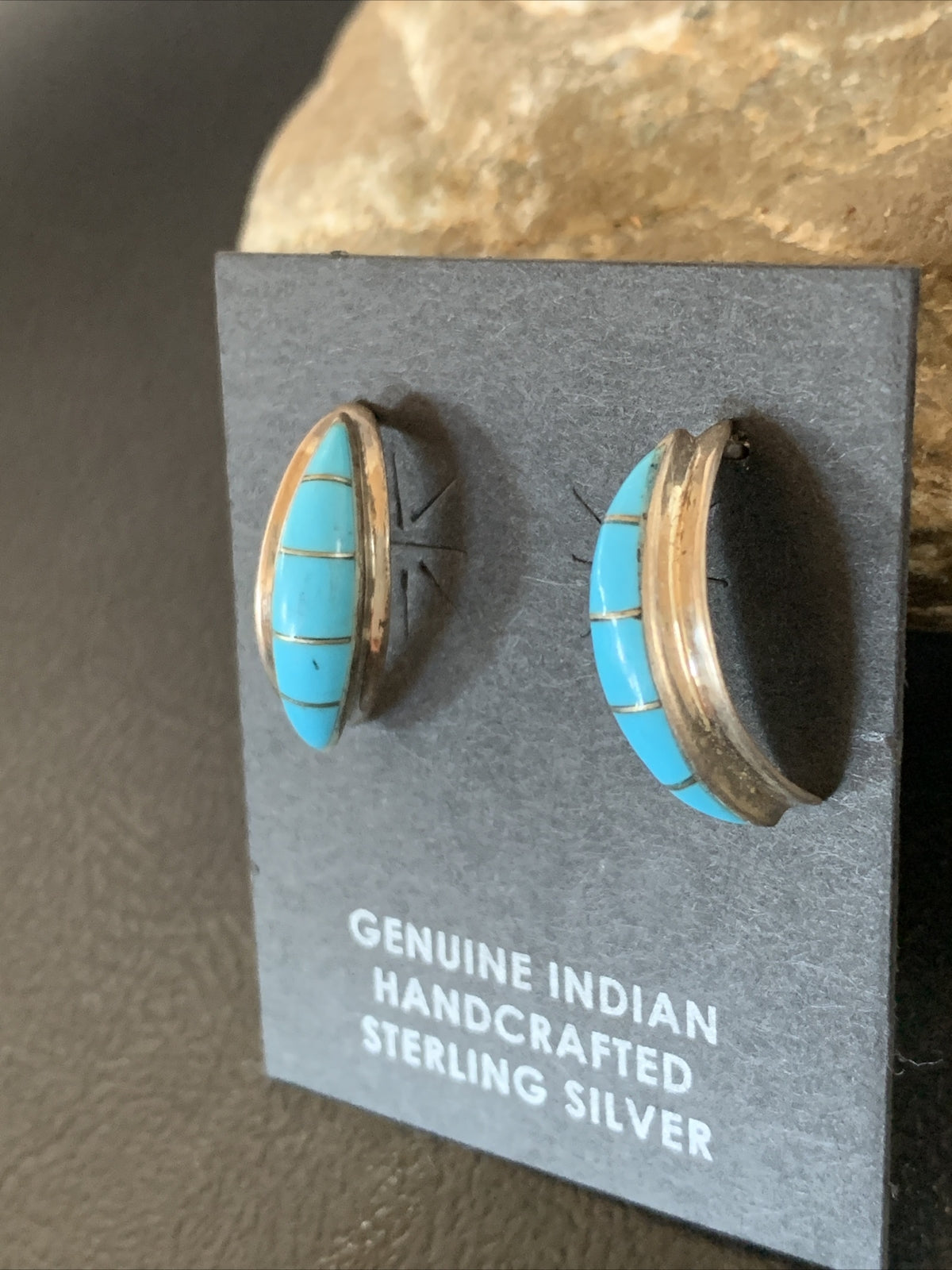 Southwestern Zuni Blue Turquoise Sterling Silver Inlay Hoop Earrings 0.75" 13023