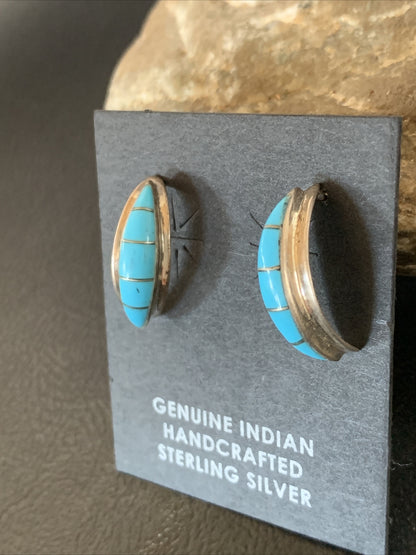 Southwestern Zuni Blue Turquoise Sterling Silver Inlay Hoop Earrings 0.75" 13023
