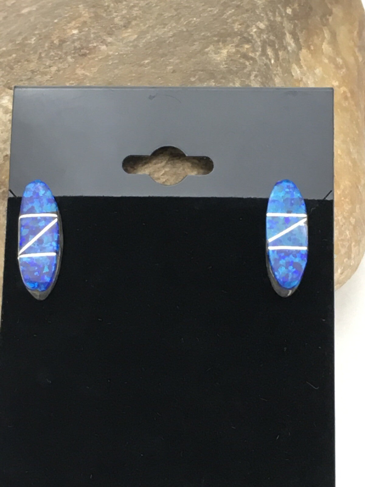 Navajo Indian Sterling Silver Handmade Blue Opal Inlay Earrings 0.75" 1331