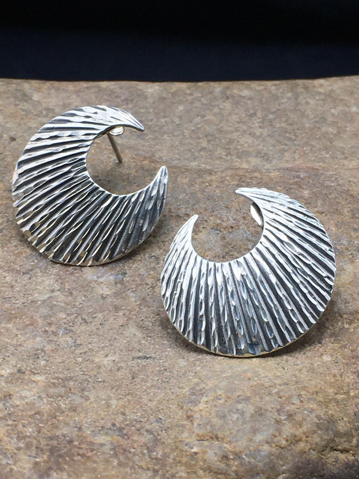 Crescent Indian Navajo Sterling Silver Stud Earrings 1" 04487