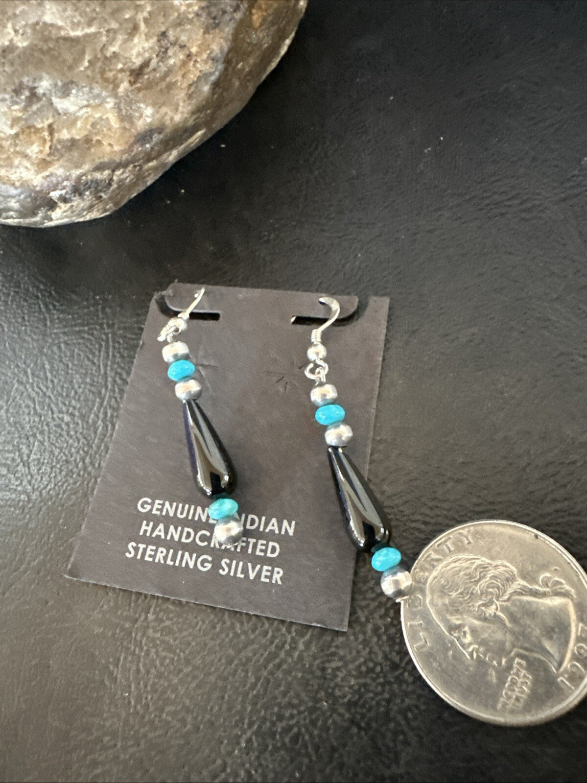 Navajo Sterling Silver Blue Turquoise Black Onyx Bead Dangle Earrings 18645