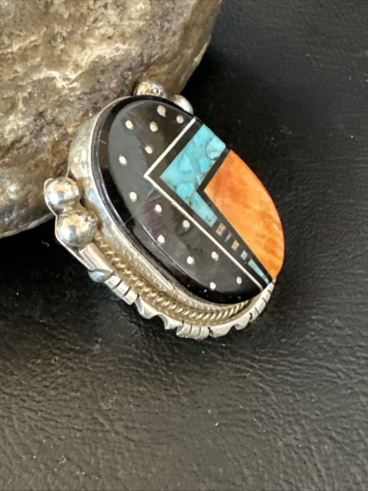 Onyx Turquoise Spiny Navajo Cosmic Inlay Sterling Silver Ring Size 9 19788