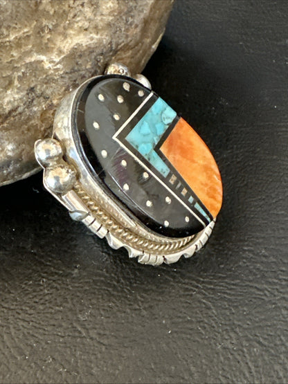 Onyx Turquoise Spiny Navajo Cosmic Inlay Sterling Silver Ring Size 9 19788