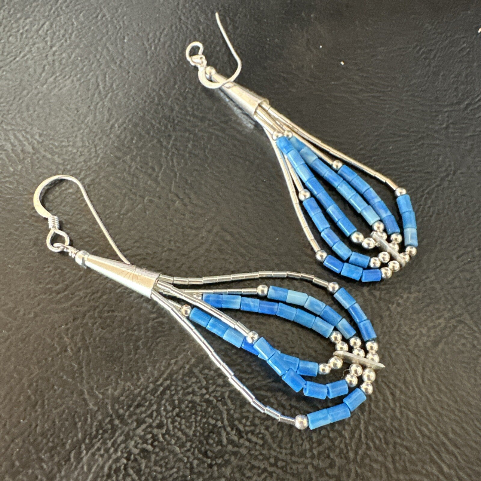 Blue Denim Lapis 3S Heishi Liquid Sterling Silver Dangle Earrings 18098
