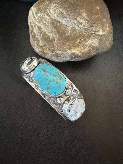 Men White Buffalo Blue Turquoise Navajo Sterling Silver Cuff Bracelet 7.3" 19429