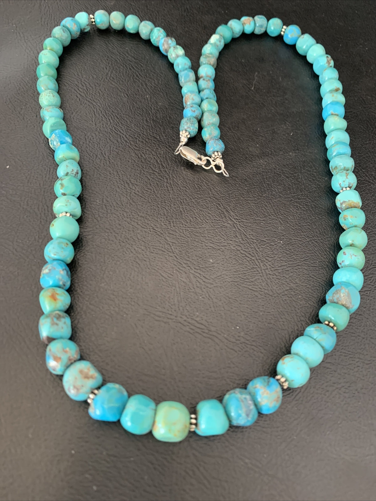 Mens Blue Turquoise Bead Navajo Sterling Silver Necklace 28” 10622