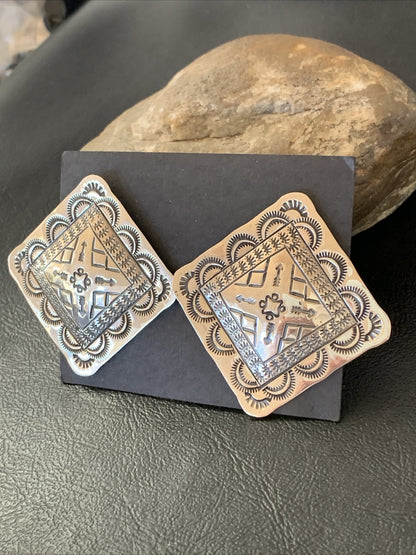 Native American Womens Navajo Sterling Silver Stamped Handmade Earrings L