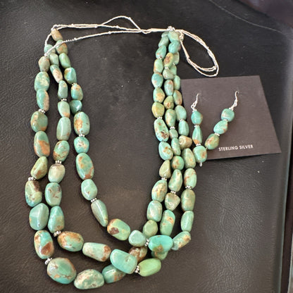 Green Turquoise Heishi 3S Navajo Sterling Silver 22" Necklace Earrings 18569