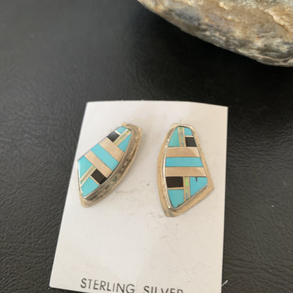 Turquoise & Onyx Inlay Zuni Sterling Silver Old Pawn Earrings 2042