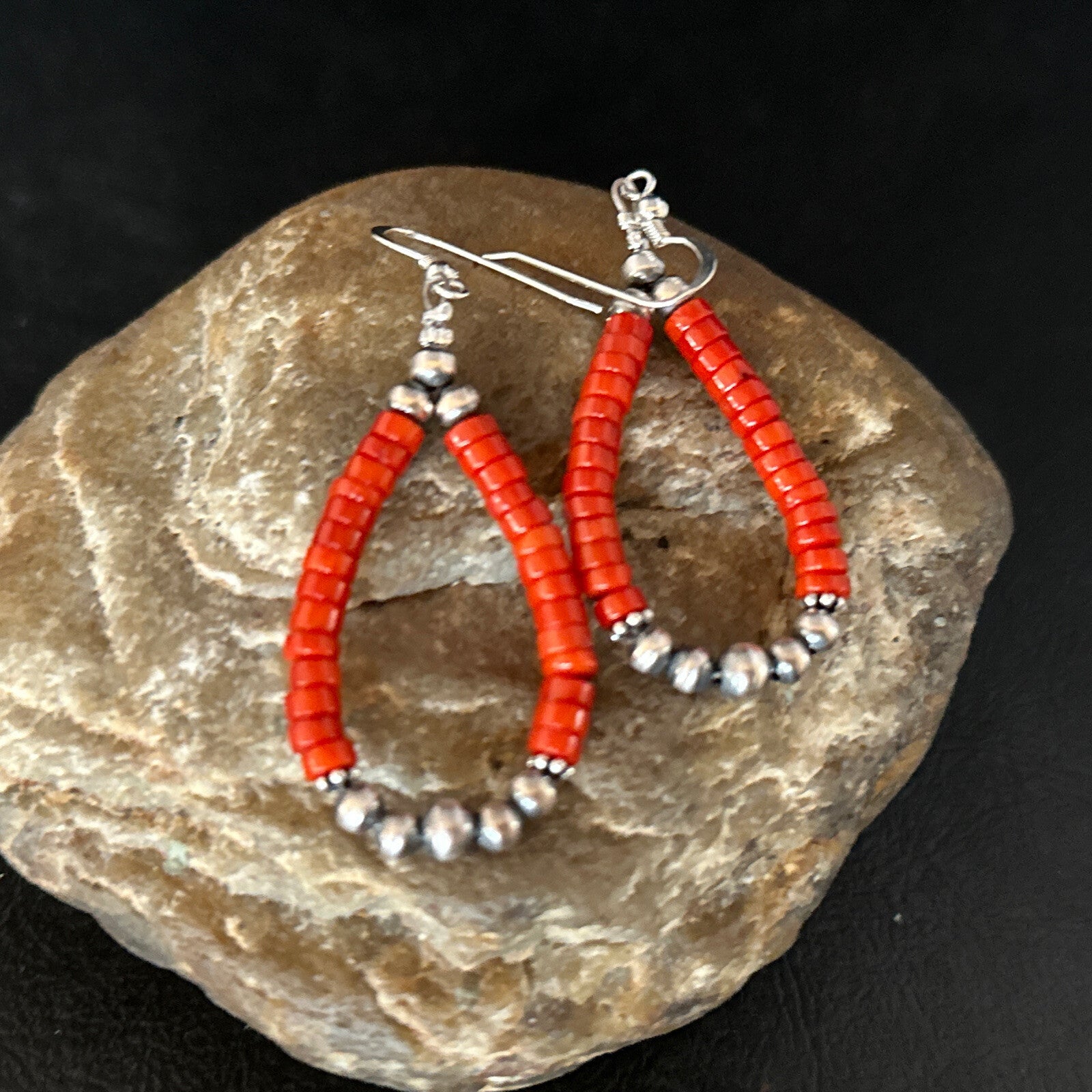 Native American Red Coral Bead Earrings Navajo Sterling Silver 14383
