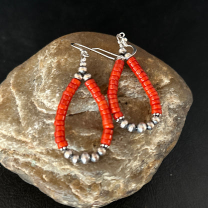 Native American Red Coral Bead Earrings Navajo Sterling Silver 14383