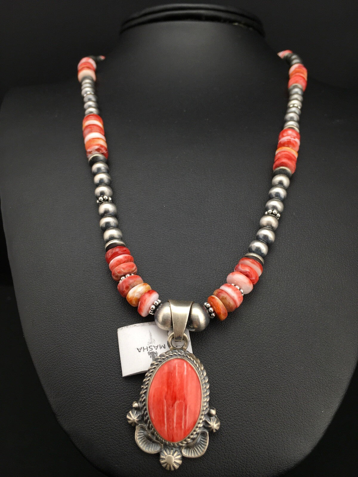 Red Spiny Oyster Pendant Navajo Pearls Sterling Silver Necklace 2685