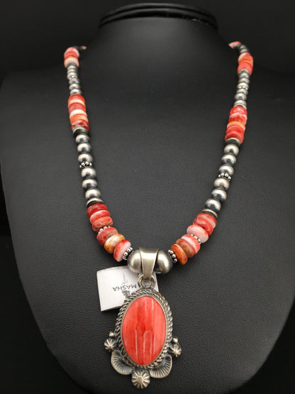 Red Spiny Oyster Pendant Navajo Pearls Sterling Silver Necklace 2685