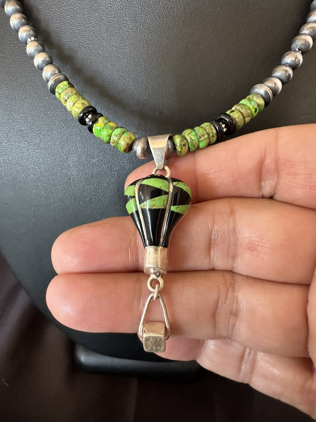 Balloon Green Turquoise Pendant Navajo Sterling Silver Necklace 22" 18342