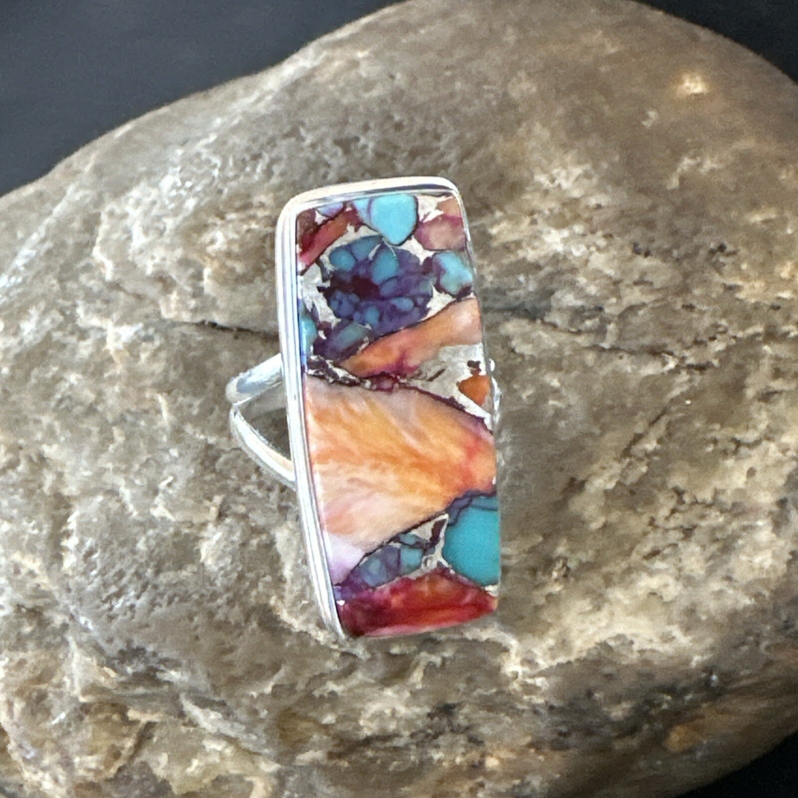 Blue Turquoise Spiny Oyster Southwestern Sterling Silver Ring Size 7 18489