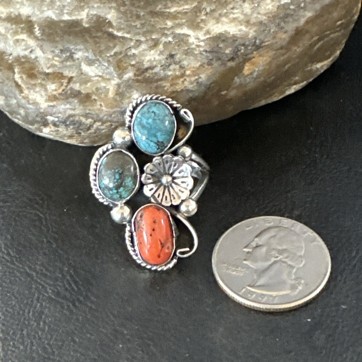 Multicolor Ring Turquoise Coral Spiny Navajo Sterling Silver Cluster Sz 10 19194