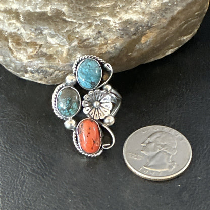 Multicolor Ring Turquoise Coral Spiny Navajo Sterling Silver Cluster Sz 10 19194