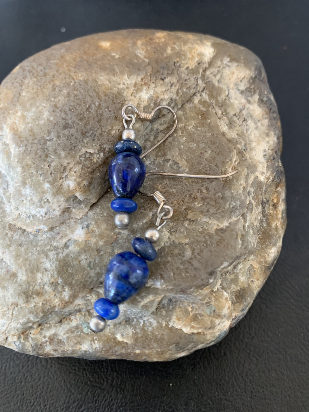 Blue Lapis Lazuli Bead Navajo Sterling Silver Dangle Earrings 1712