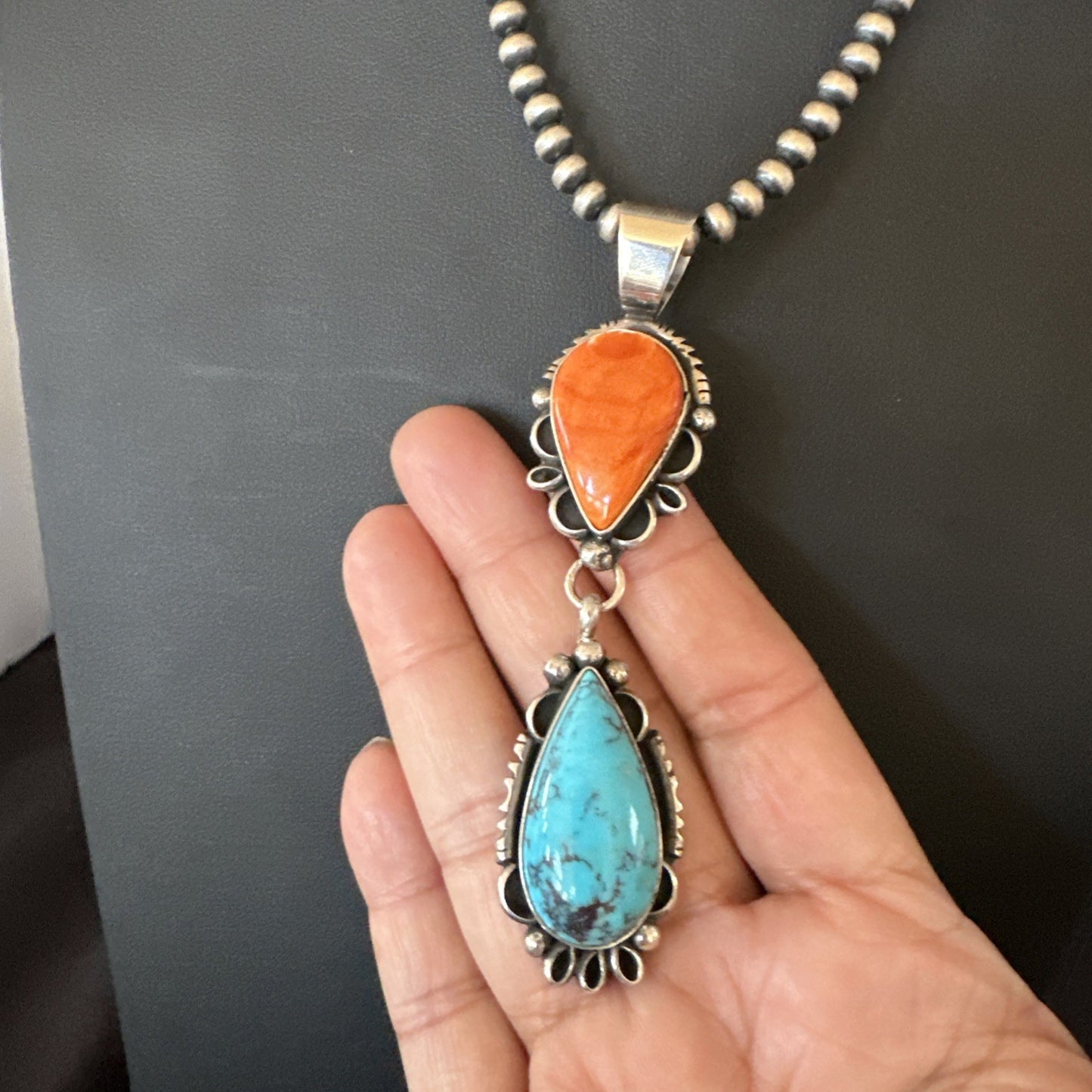 Multicolor Turquoise Spiny Navajo Sterling Silver Cluster Pendant Necklace 19558