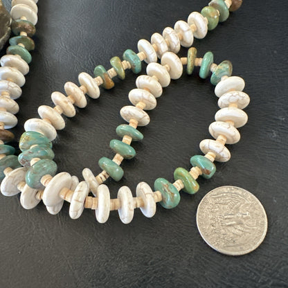 Green Royston Turquoise Shell Santo Domingo Sterling Silver Necklace 29” 19681