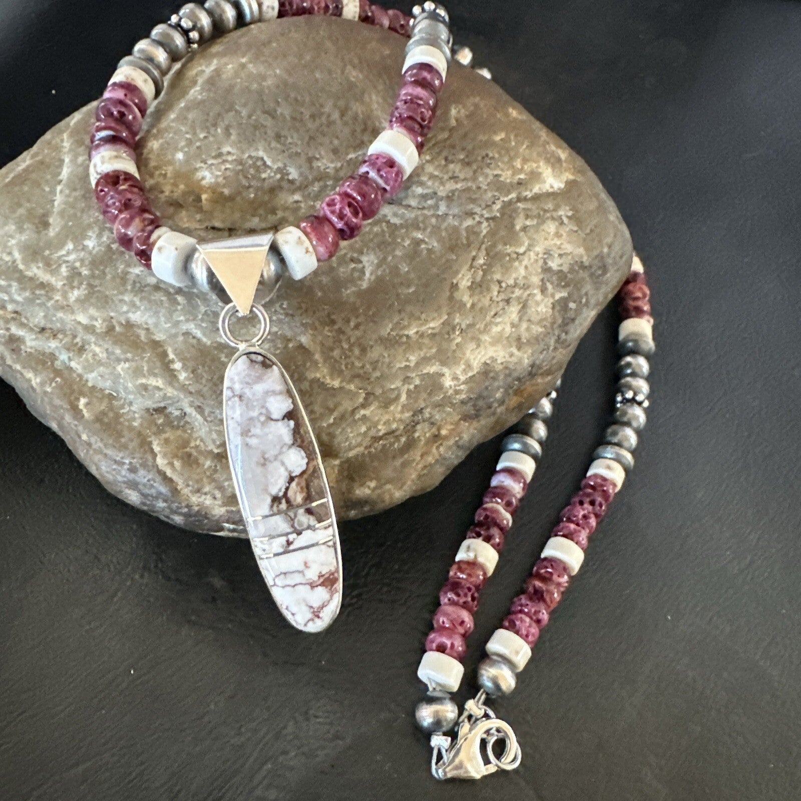 Purple Spiny Oyster Wild Horse Pendant Navajo Sterling Silver Necklace 17795