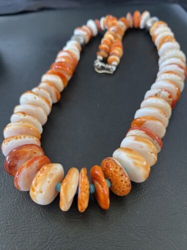 Navajo Turquoise & Orange Spiny Oyster Necklace Graduated 22" 10587