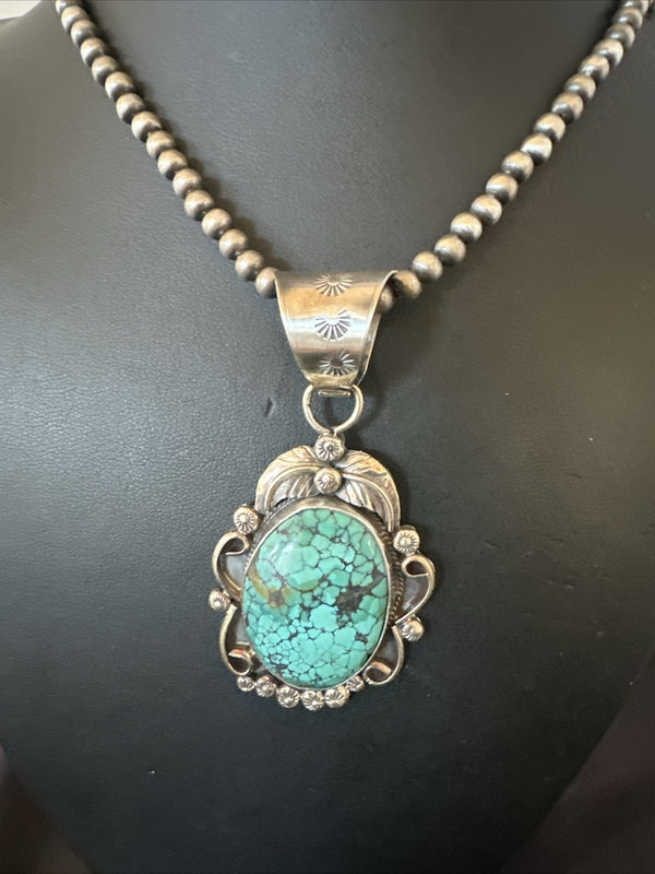 Men Women Navajo Blue Spiderweb Turquoise Necklace Pendant | Sterling Silver | Authentic Native American Handmade | 18094
