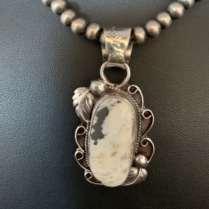 Mens Sterling Silver Beads White Buffalo Turquoise Necklace Pendant 20" 13666