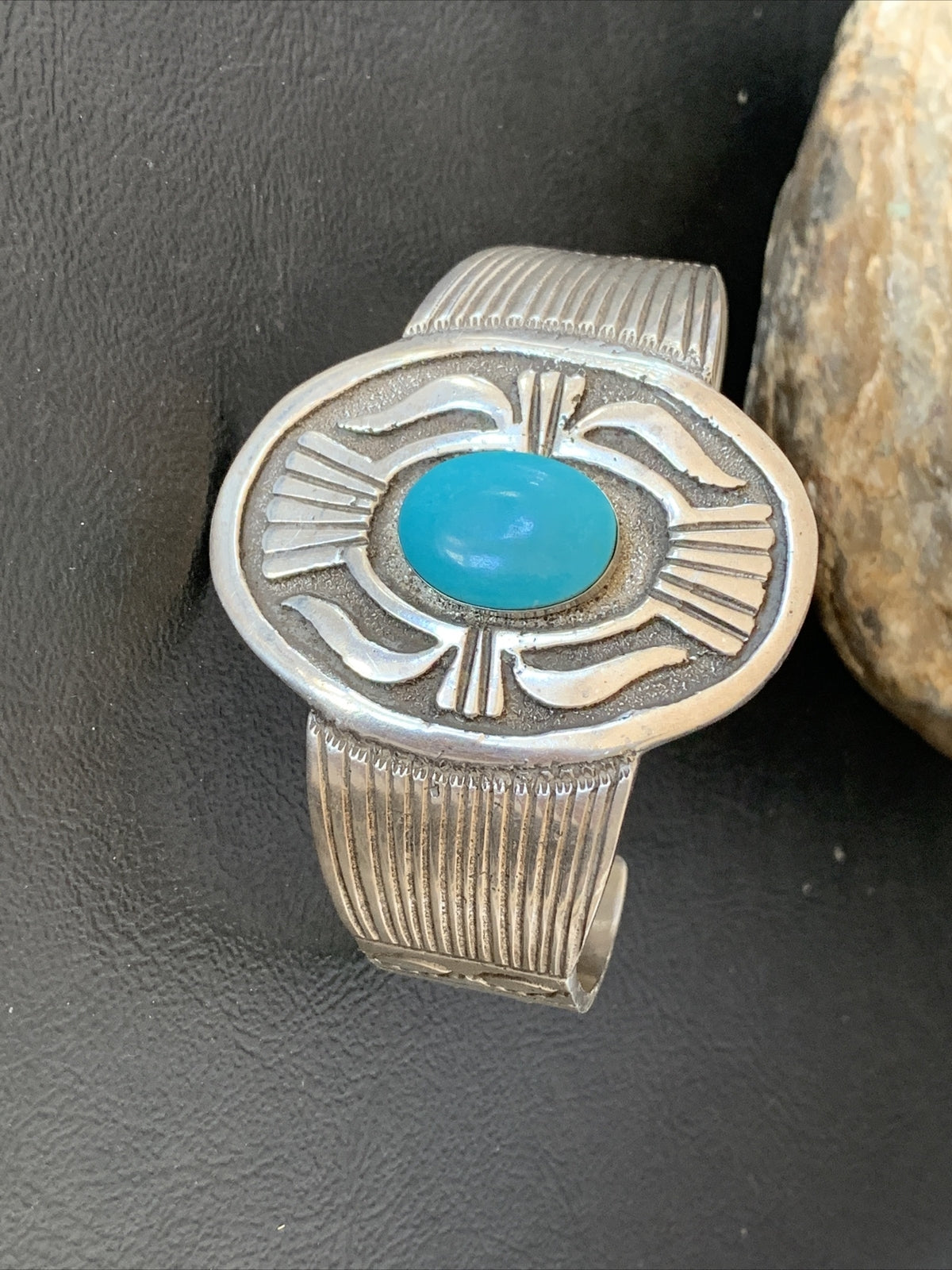 Mens Blue Kingman Turquoise Navajo Sterling Silver Cuff Bracelet 1654