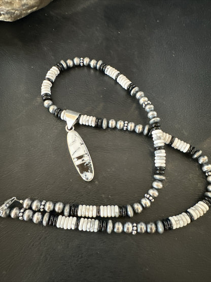 White Buffalo Turquoise Navajo Pearls Sterling Silver Onyx Necklace 17804