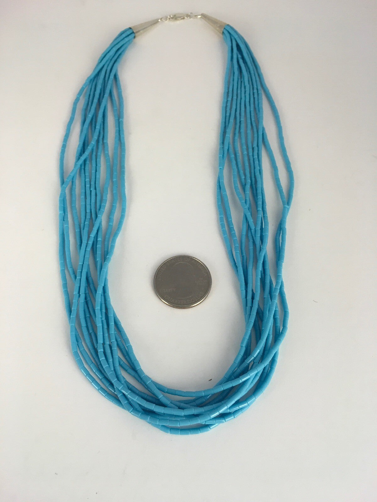 Native Blue Turquoise Heishi 10 Strand Sterling Silver Necklace 19" 08872