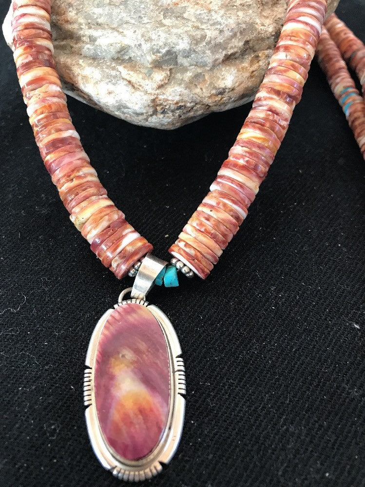 Native Navajo Sterling Silver Turquoise Spiny Oyster Bead Necklace Pendant 10040