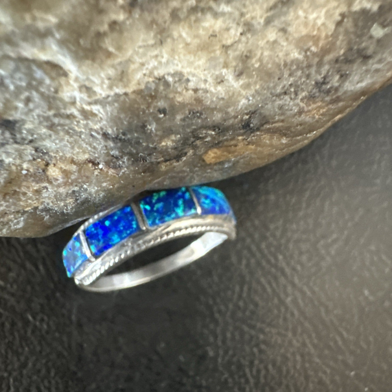Blue Opal Navajo Sterling Silver Band Inlay Ring Size 7.5 19724