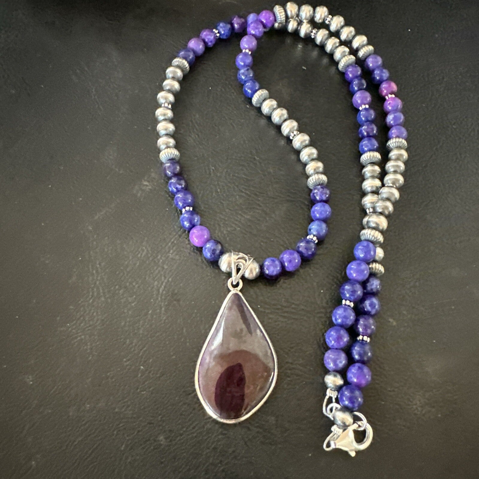 Purple Stone Pendant Navajo Pearls Sterling Silver Necklace 23" 17891