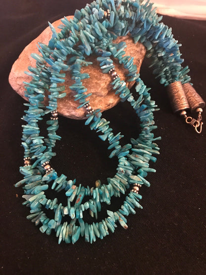 Turquoise Nugget Bead 3 Strand Stabilized Navajo Sterling Necklace 08100