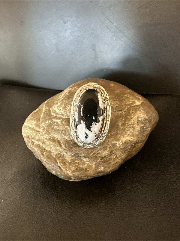 Black White Buffalo Turquoise Navajo Ring Size 9.5 | Sterling Silver | Authentic Native American Handmade | 19809